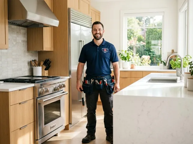 Appliance Repair Hero technician in a Bristow, IA kitchen after an appliance repair
