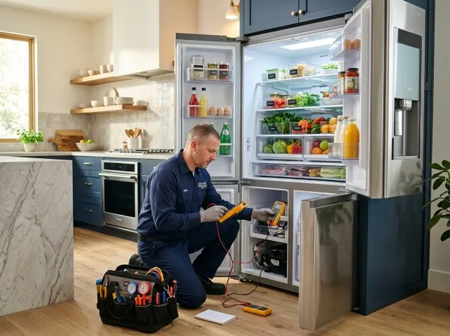 Appliance Repair Hero refrigerator technician testing a fridge on a Bristow, IA service call